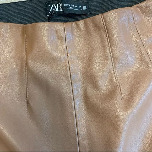 Zara camel brown faux leather high waisted vegan leggings Sz S NWOT - Picture 5 of 12